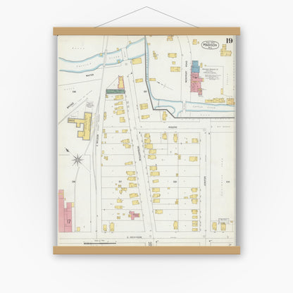 Old map wall art mockup — magnetic wood frame on white wall — Sanborn Fire Insurance Map from Madison, Dane County, Wisconsin (1902), Sheet #0019