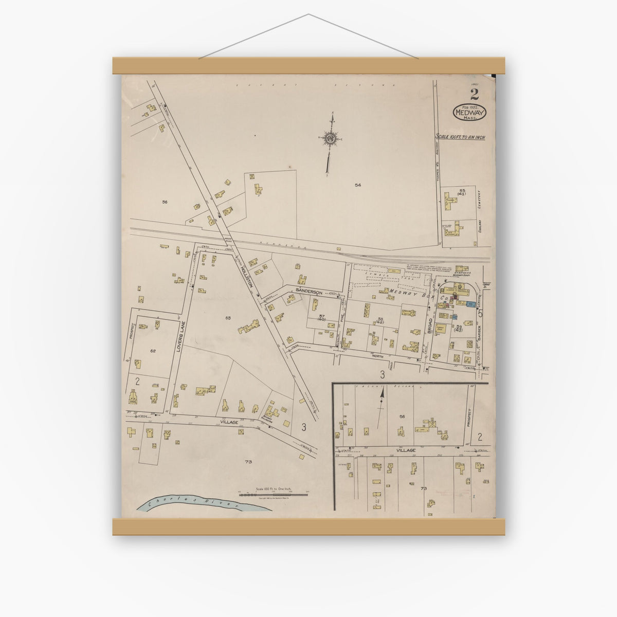 Old map wall art mockup — magnetic wood frame on white wall — Sanborn Fire Insurance Map from Medway, Norfolk County, Massachusetts (1922), Sheet #0002