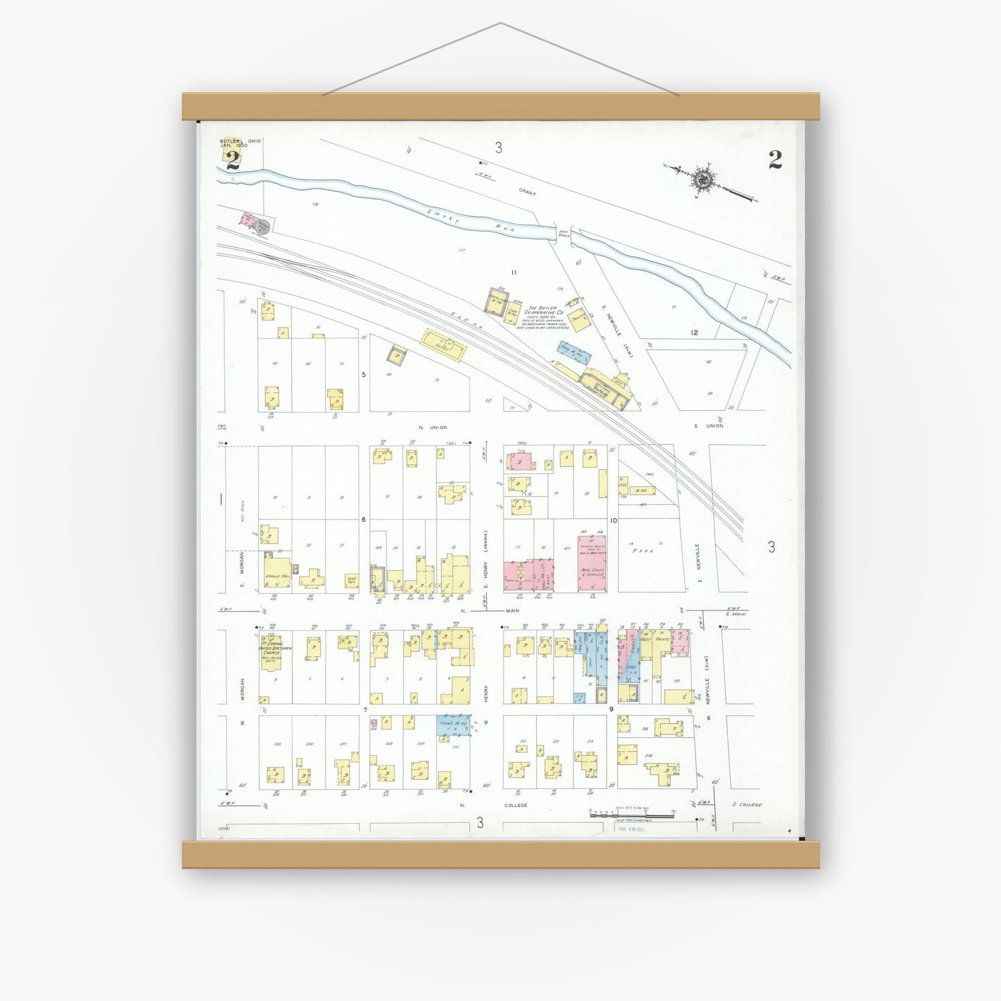 Old map wall art mockup — magnetic wood frame on white wall — Sanborn Fire Insurance Map from Butler, Richland County, Ohio (1950), Sheet #0002