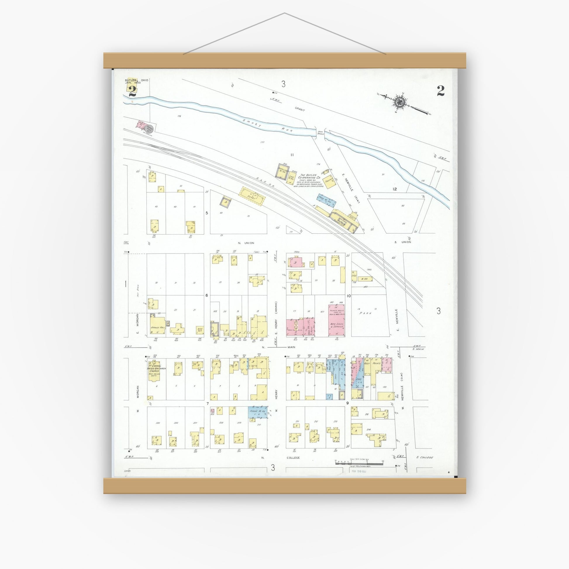 Old map wall art mockup — magnetic wood frame on white wall — Sanborn Fire Insurance Map from Butler, Richland County, Ohio (1950), Sheet #0002
