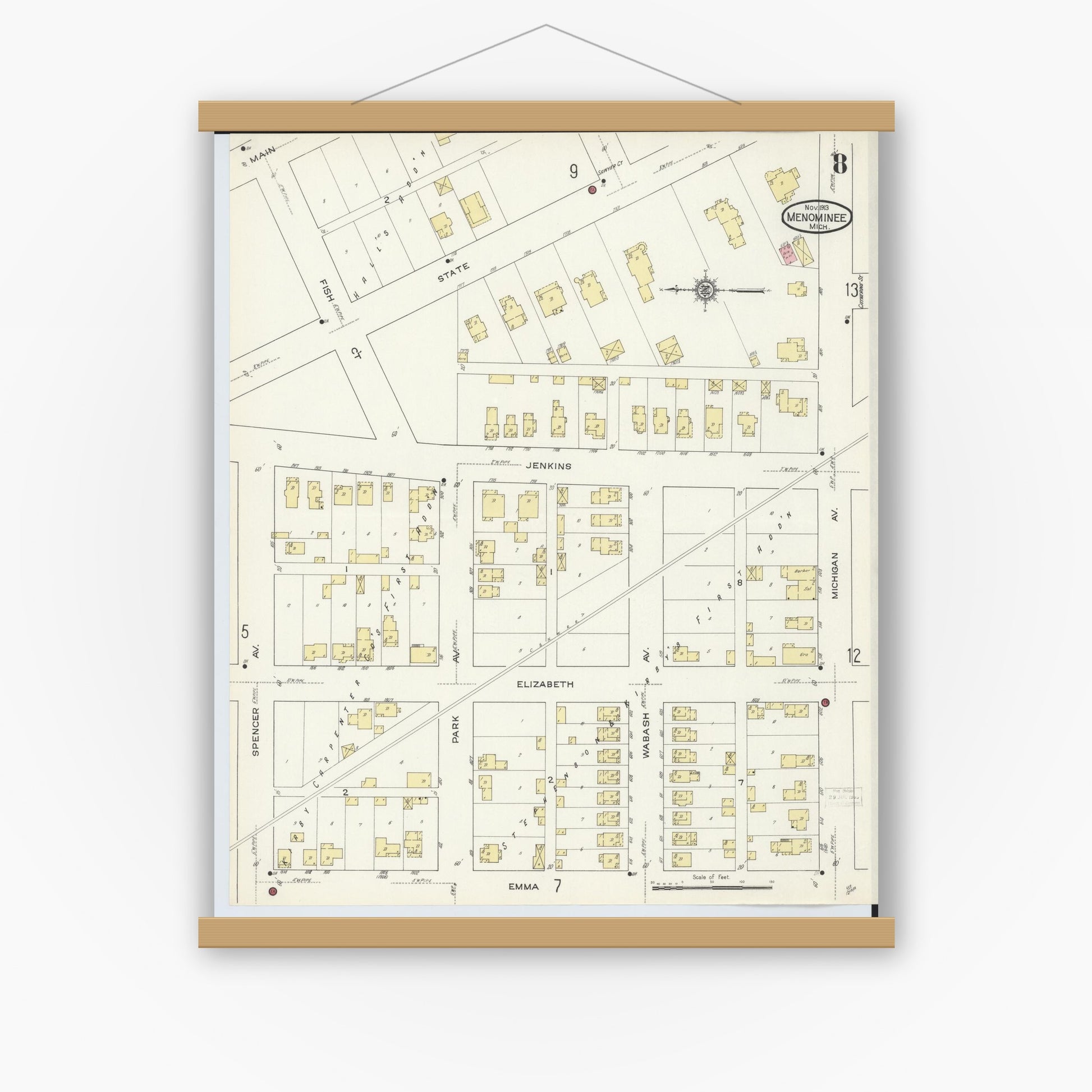 Old map wall art mockup — magnetic wood frame on white wall — Sanborn Fire Insurance Map from Menominee, Menominee County, Michigan (1913), Sheet #0008