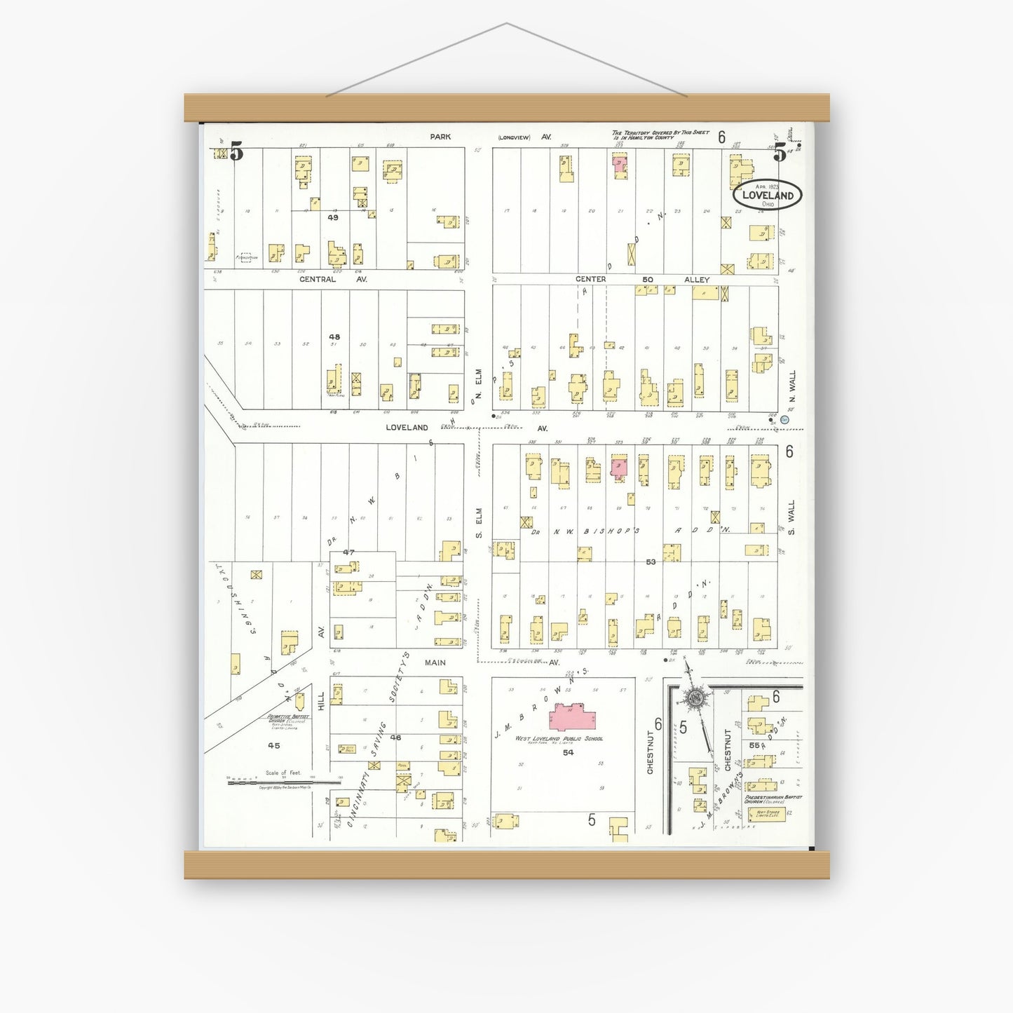 Old map wall art mockup — magnetic wood frame on white wall — Sanborn Fire Insurance Map from Loveland, Clermont, Hamilton, And Warren County, Ohio (1923), Sheet #0005