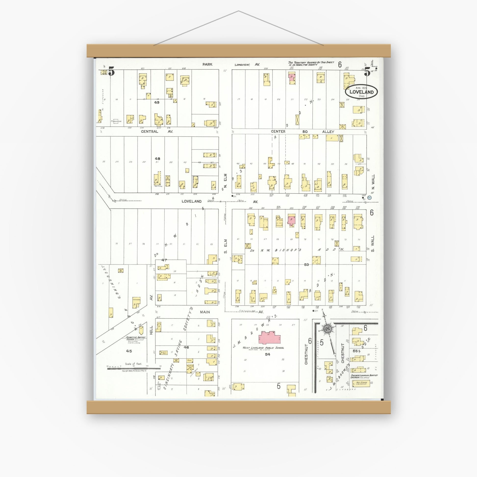 Old map wall art mockup — magnetic wood frame on white wall — Sanborn Fire Insurance Map from Loveland, Clermont, Hamilton, And Warren County, Ohio (1923), Sheet #0005