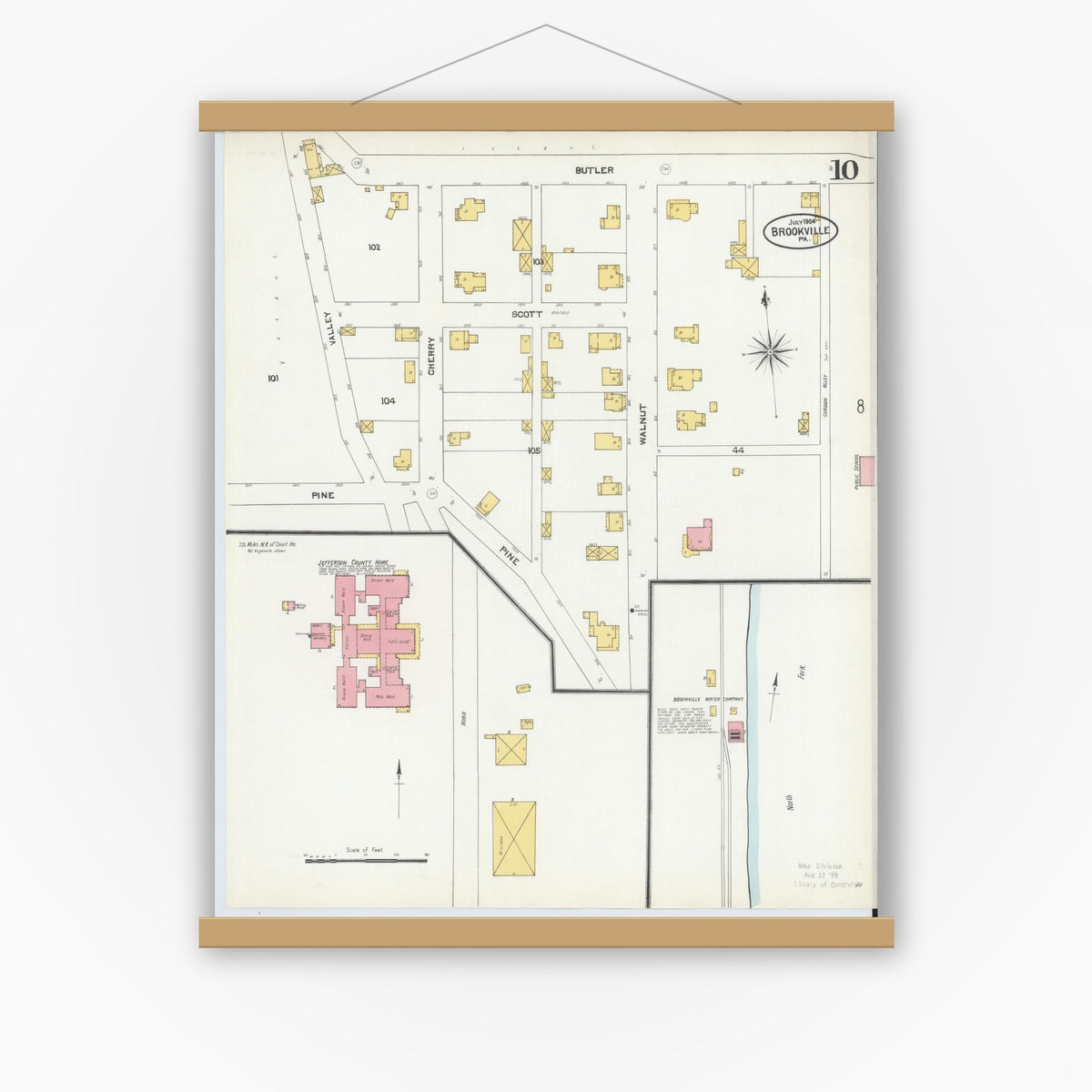 Old map wall art mockup — magnetic wood frame on white wall — Sanborn Fire Insurance Map from Brookville, Jefferson County, Pennsylvania (1904), Sheet #0010