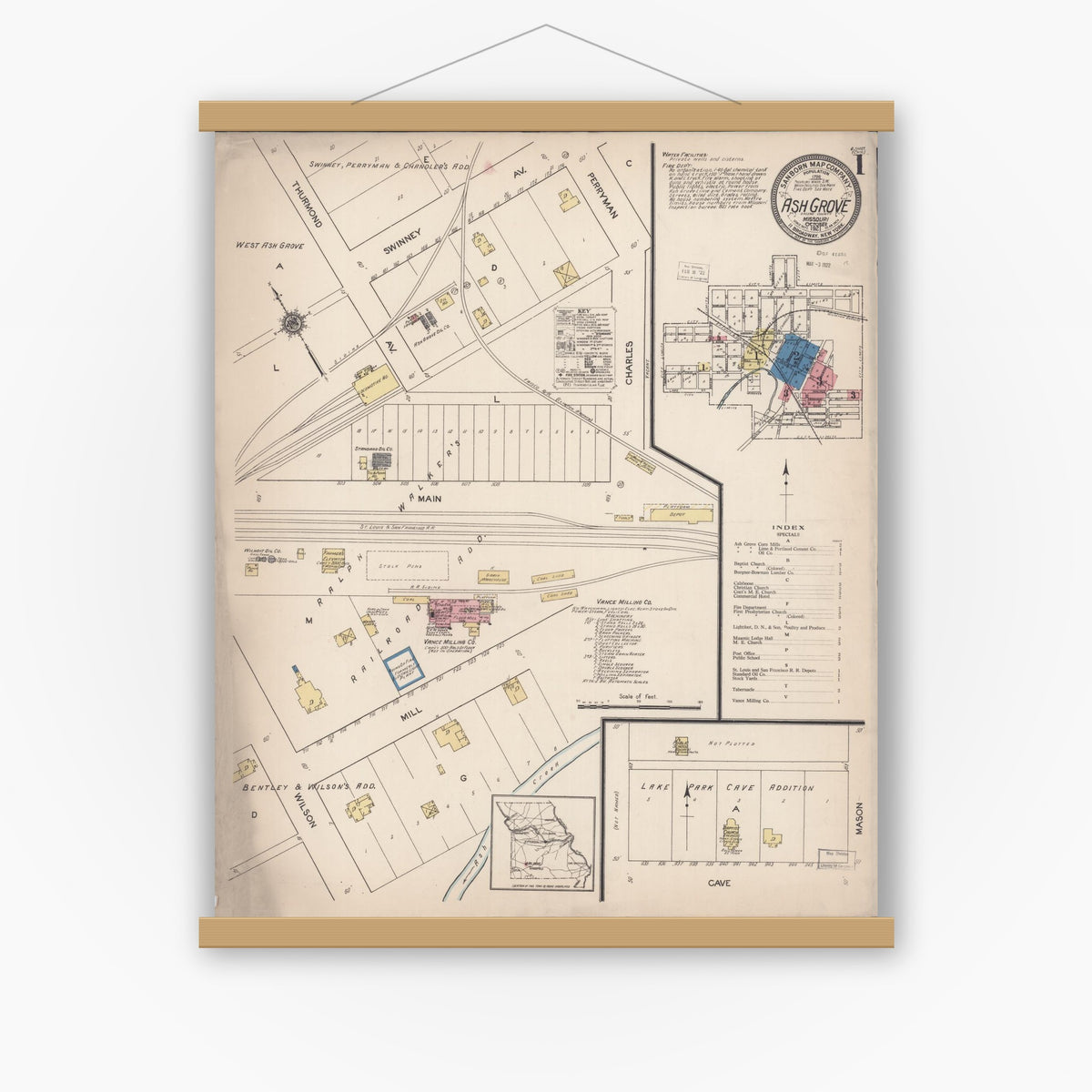 Old map wall art mockup — magnetic wood frame on white wall — Sanborn Fire Insurance Map from Ash Grove, Greene County, Missouri (1921) - Complete Map Set