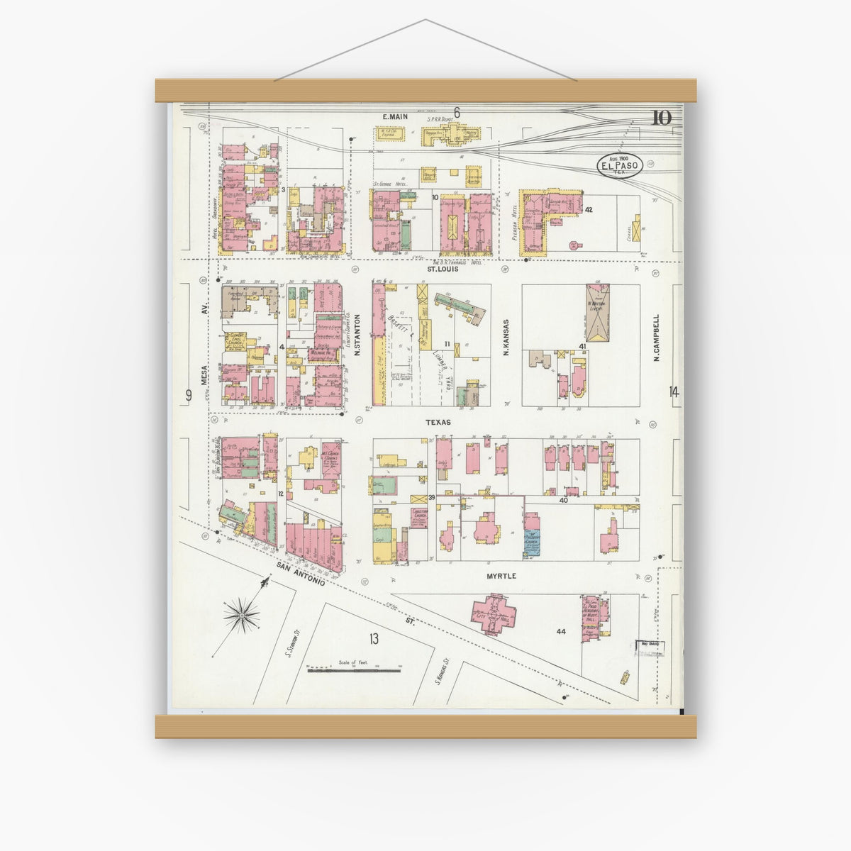 Old map wall art mockup — magnetic wood frame on white wall — Sanborn Fire Insurance Map from El Paso, El Paso County, Texas (1900), Sheet #0010