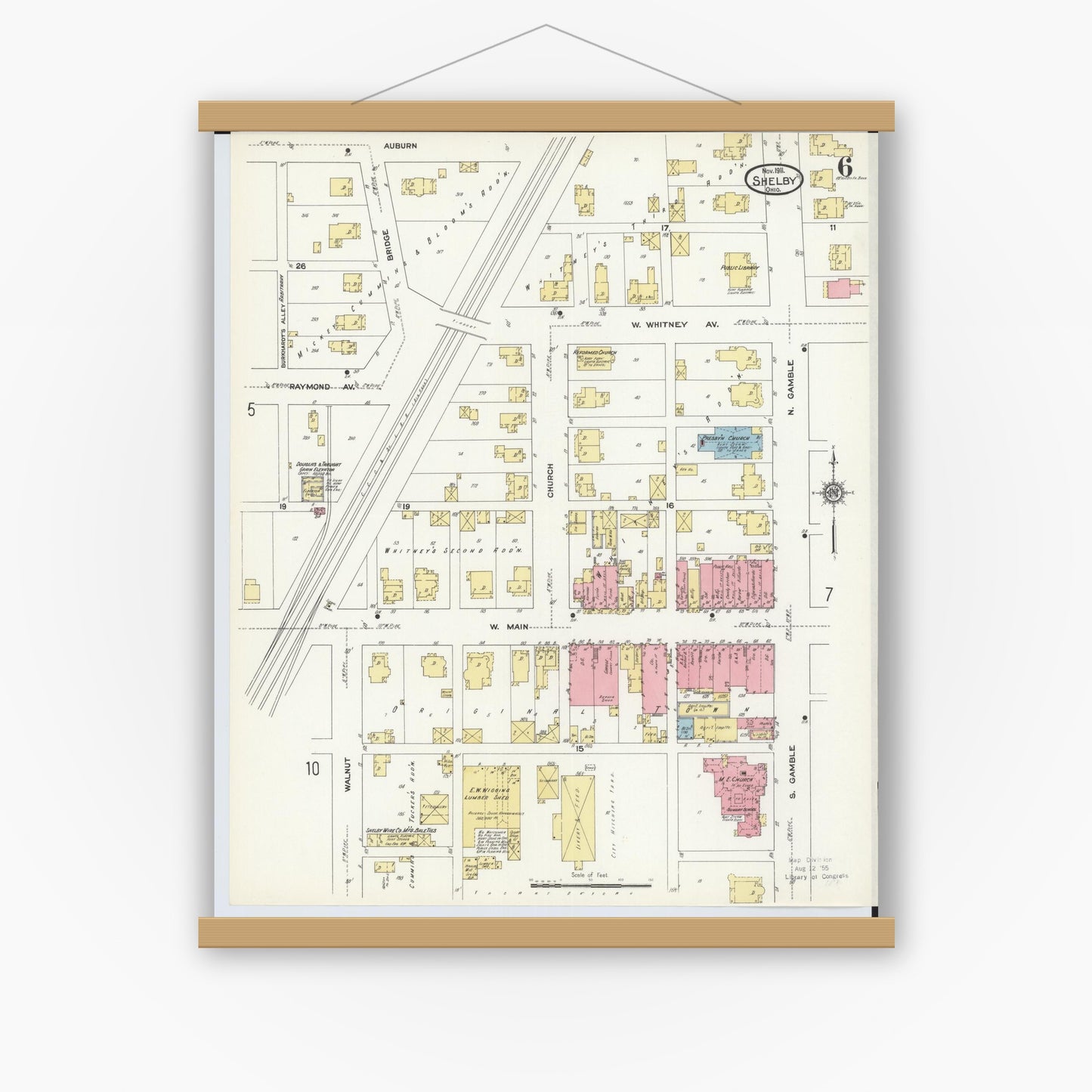 Old map wall art mockup — magnetic wood frame on white wall — Sanborn Fire Insurance Map from Shelby, Richland County, Ohio (1911), Sheet #0006