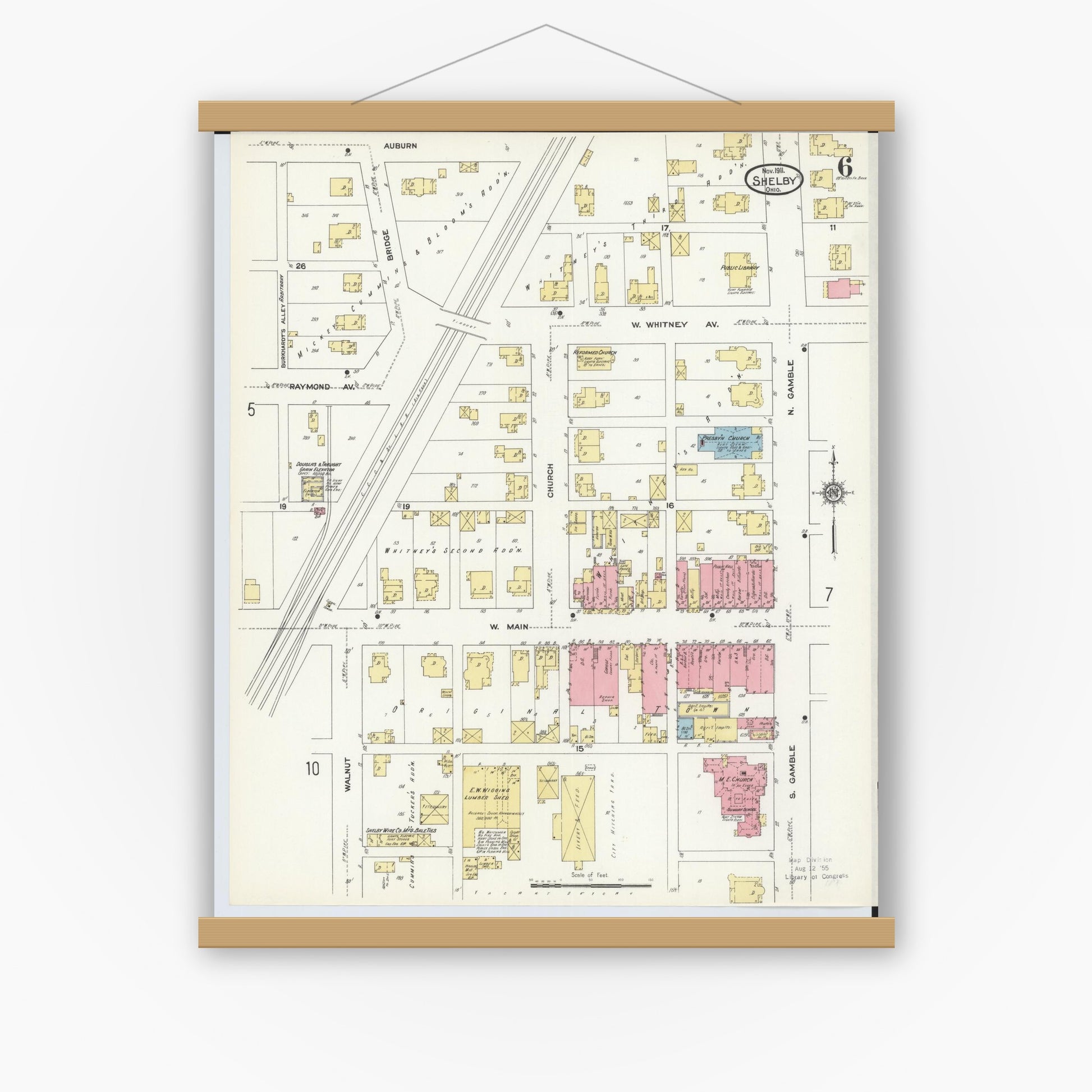 Old map wall art mockup — magnetic wood frame on white wall — Sanborn Fire Insurance Map from Shelby, Richland County, Ohio (1911), Sheet #0006