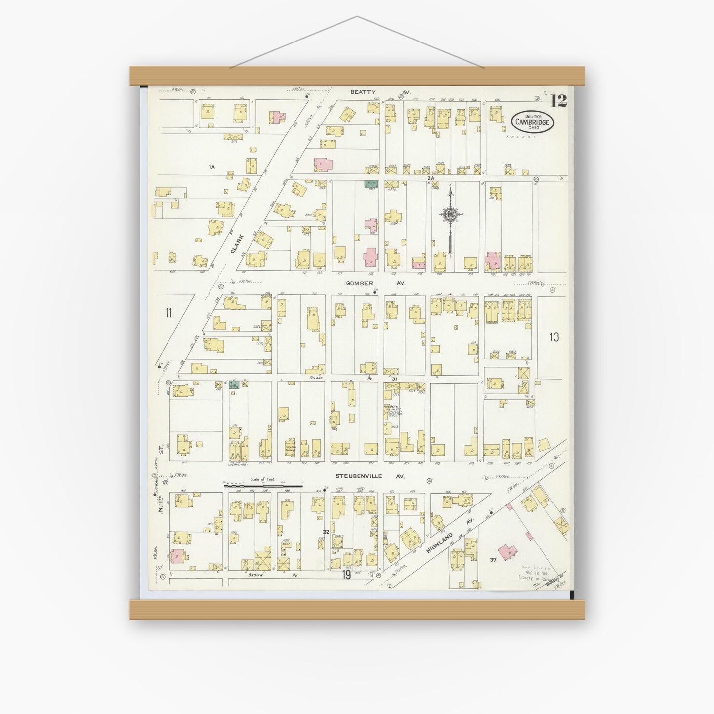 Old map wall art mockup — magnetic wood frame on white wall — Sanborn Fire Insurance Map from Cambridge, Guernsey County, Ohio (1909), Sheet #0012