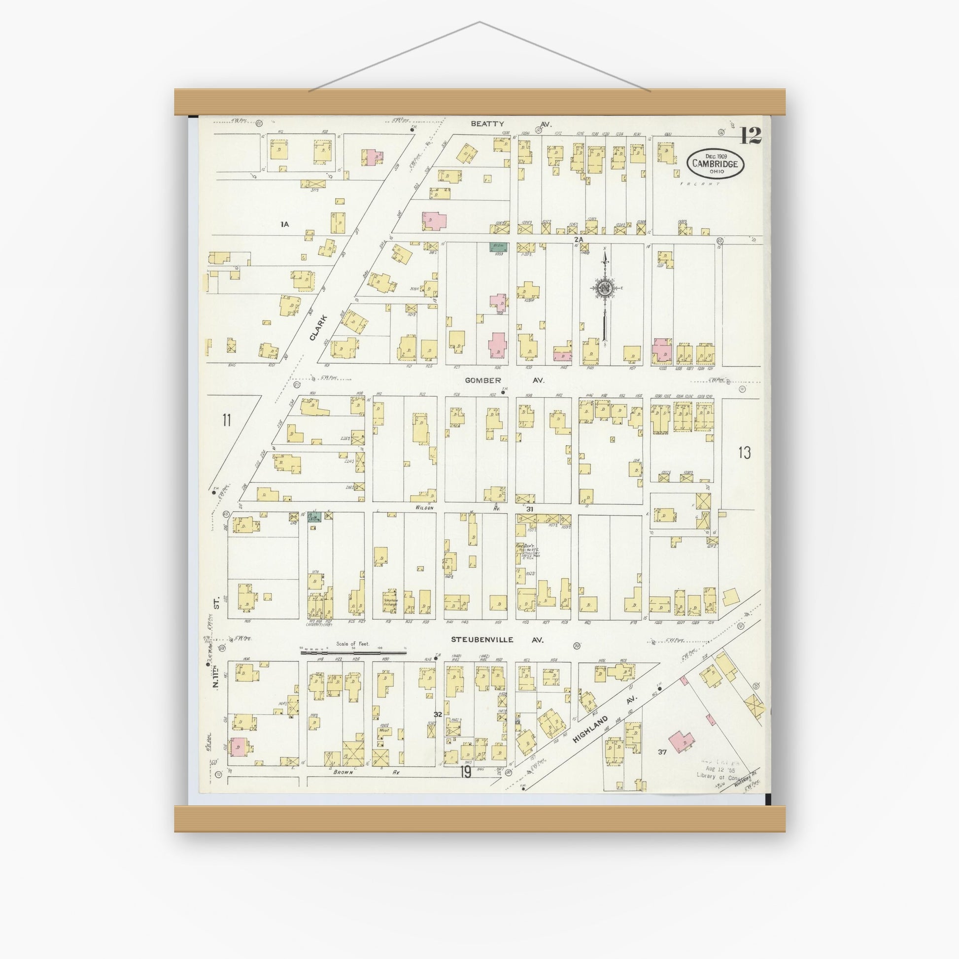 Old map wall art mockup — magnetic wood frame on white wall — Sanborn Fire Insurance Map from Cambridge, Guernsey County, Ohio (1909), Sheet #0012