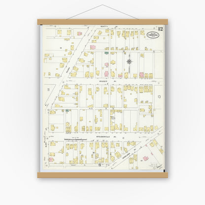 Old map wall art mockup — magnetic wood frame on white wall — Sanborn Fire Insurance Map from Cambridge, Guernsey County, Ohio (1909), Sheet #0012