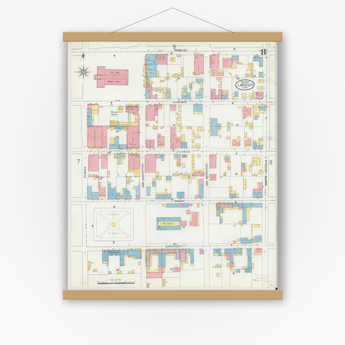 Old map wall art mockup — magnetic wood frame on white wall — Sanborn Fire Insurance Map from Laredo, Webb County, Texas (1905), Sheet #0008