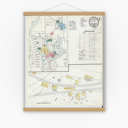 Old map wall art mockup — magnetic wood frame on white wall — Sanborn Fire Insurance Map from Allegan, Allegan County, Michigan (1899), Sheet #0001