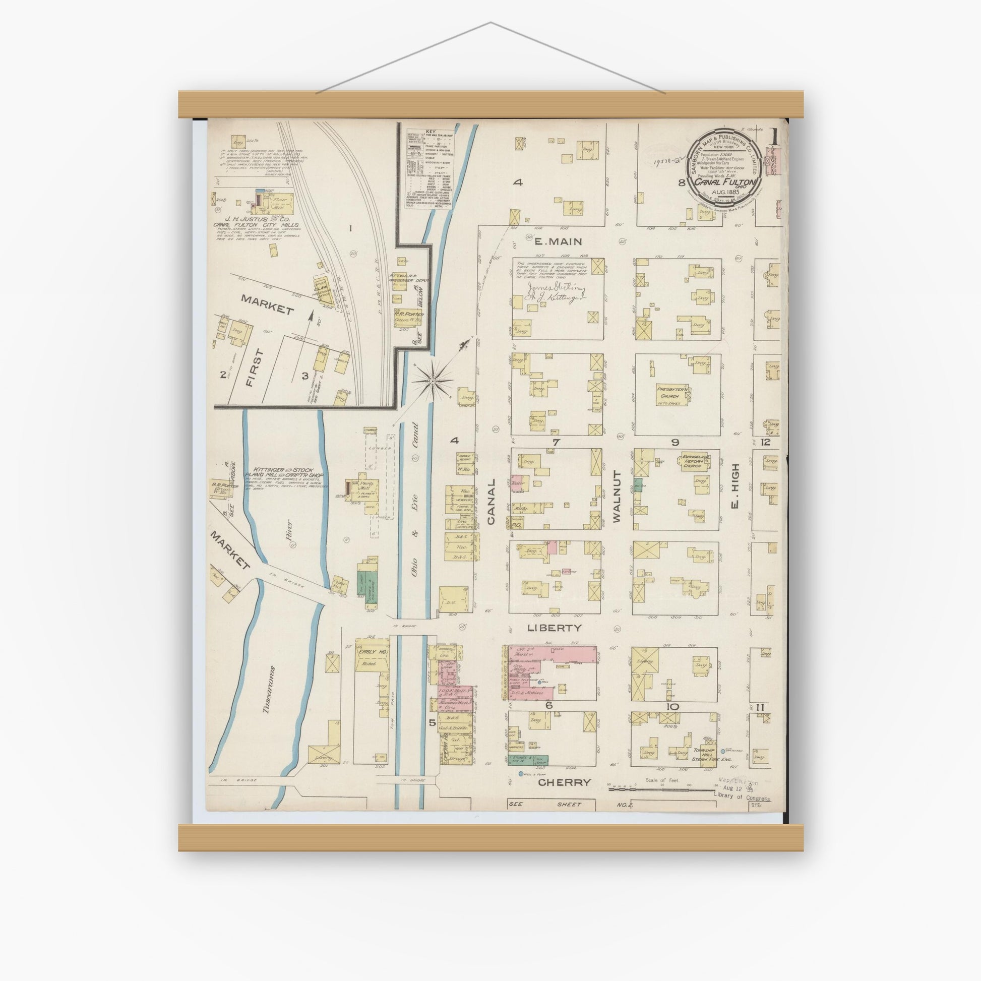 Old map wall art mockup — magnetic wood frame on white wall — Sanborn Fire Insurance Map from Canal Fulton, Stark County, Ohio (1885), Sheet #0001