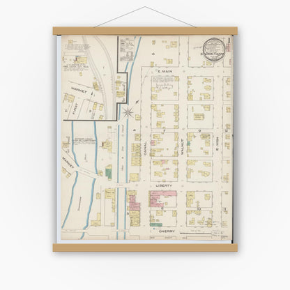 Old map wall art mockup — magnetic wood frame on white wall — Sanborn Fire Insurance Map from Canal Fulton, Stark County, Ohio (1885), Sheet #0001