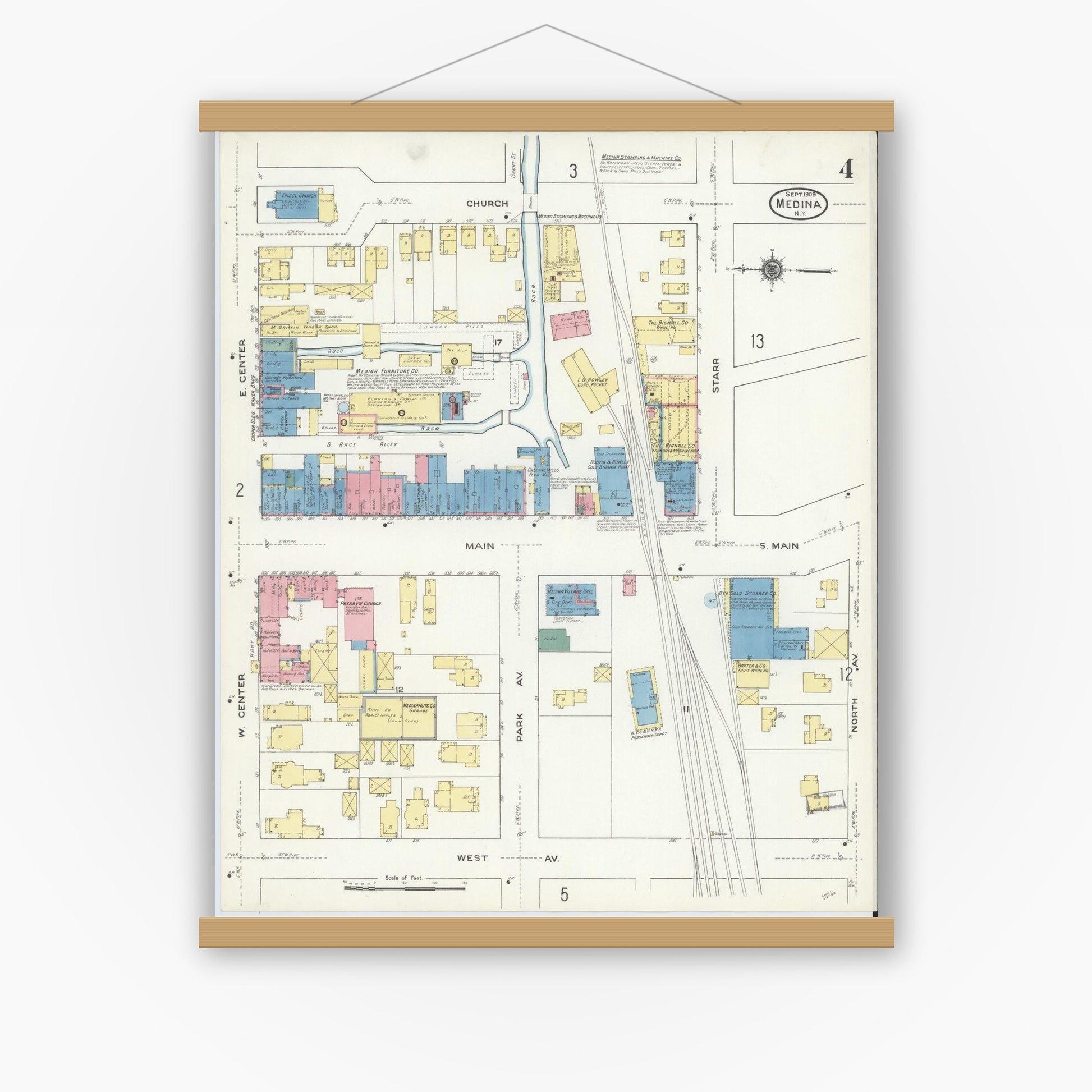 Old map wall art mockup — magnetic wood frame on white wall — Sanborn Fire Insurance Map from Medina, Orleans County, New York (1909), Sheet #0004