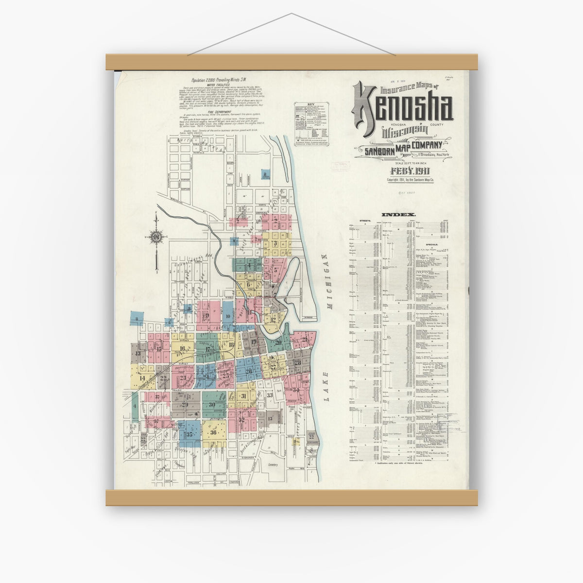 Old map wall art mockup — magnetic wood frame on white wall — Sanborn Fire Insurance Map from Kenosha, Kenosha County, Wisconsin (1911), Sheet #0001