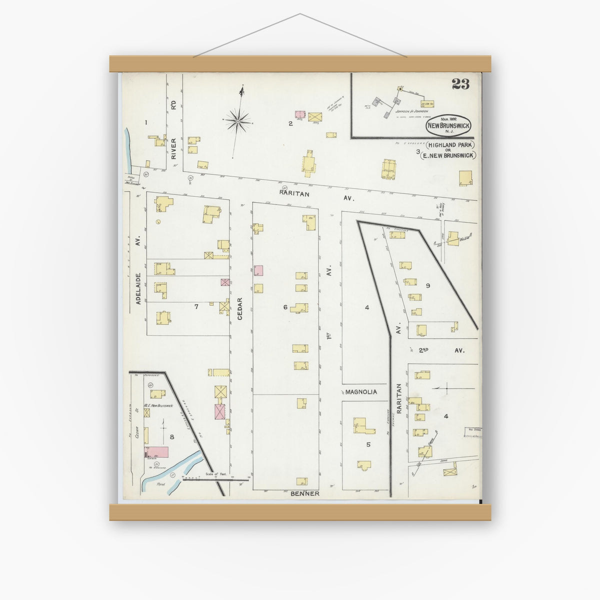 Old map wall art mockup — magnetic wood frame on white wall — Sanborn Fire Insurance Map from New Brunswick, Middlesex County, New Jersey (1892), Sheet #0023