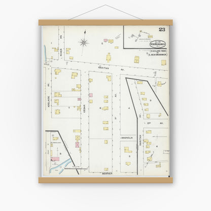 Old map wall art mockup — magnetic wood frame on white wall — Sanborn Fire Insurance Map from New Brunswick, Middlesex County, New Jersey (1892), Sheet #0023