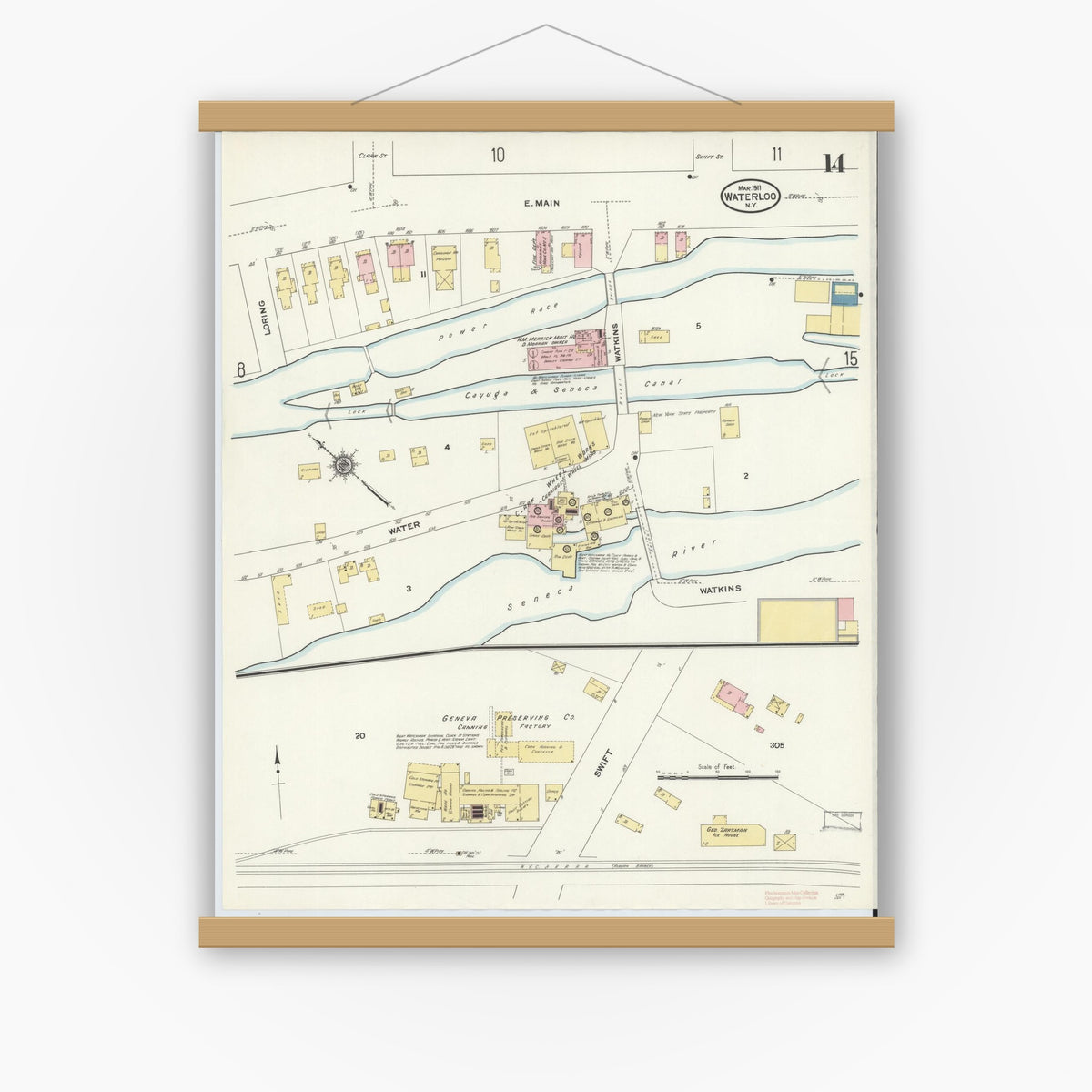 Old map wall art mockup — magnetic wood frame on white wall — Sanborn Fire Insurance Map from Waterloo, Seneca County, New York (1911), Sheet #0014