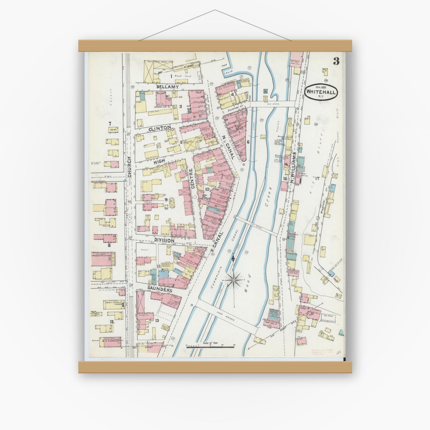 Old map wall art mockup — magnetic wood frame on white wall — Sanborn Fire Insurance Map from Whitehall, Washington County, New York (1891), Sheet #0003