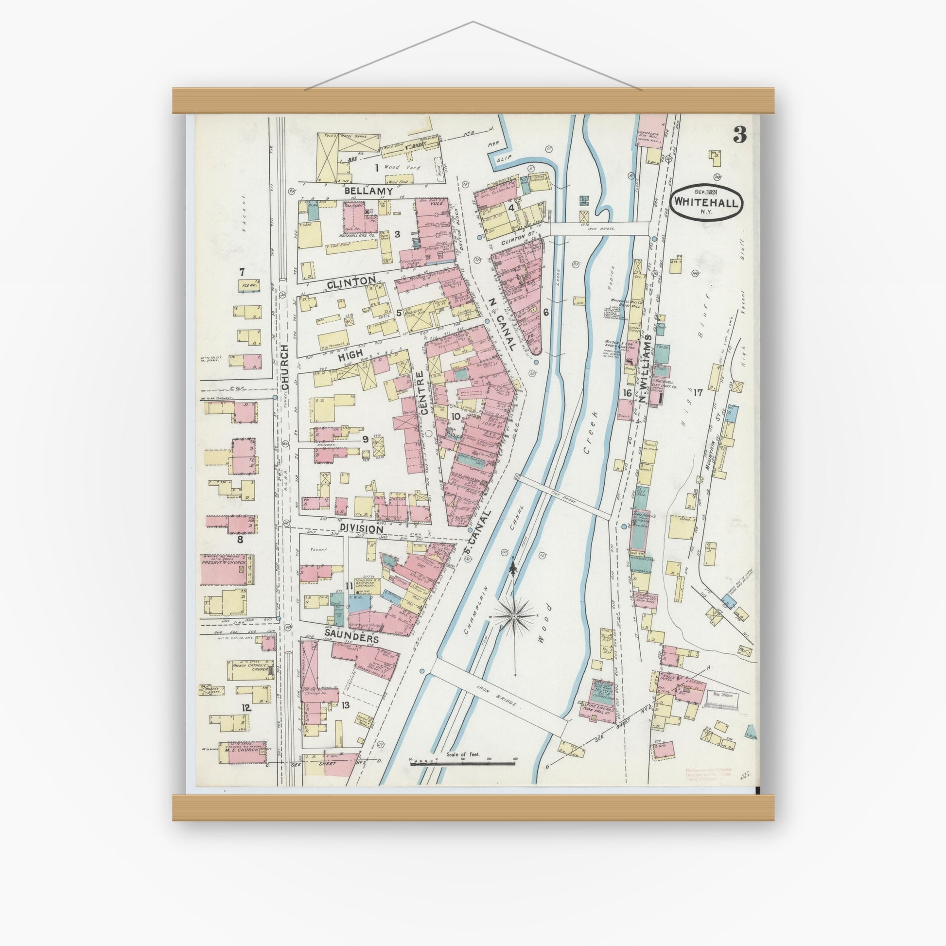 Old map wall art mockup — magnetic wood frame on white wall — Sanborn Fire Insurance Map from Whitehall, Washington County, New York (1891), Sheet #0003