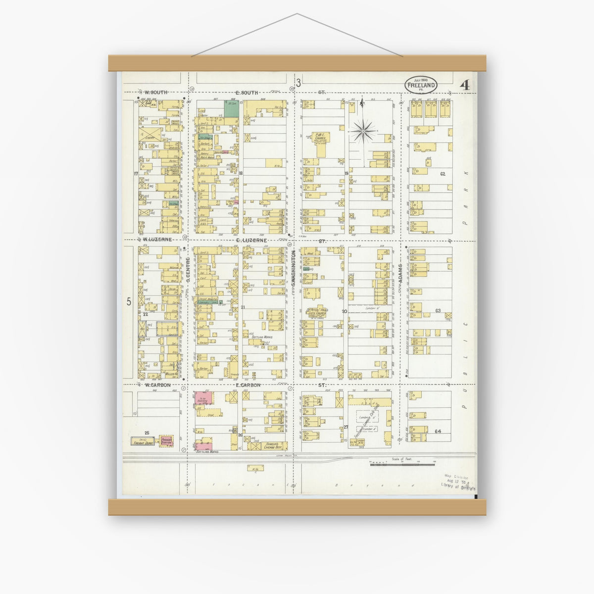 Old map wall art mockup — magnetic wood frame on white wall — Sanborn Fire Insurance Map from Freeland, Luzerne County, Pennsylvania (1900), Sheet #0004
