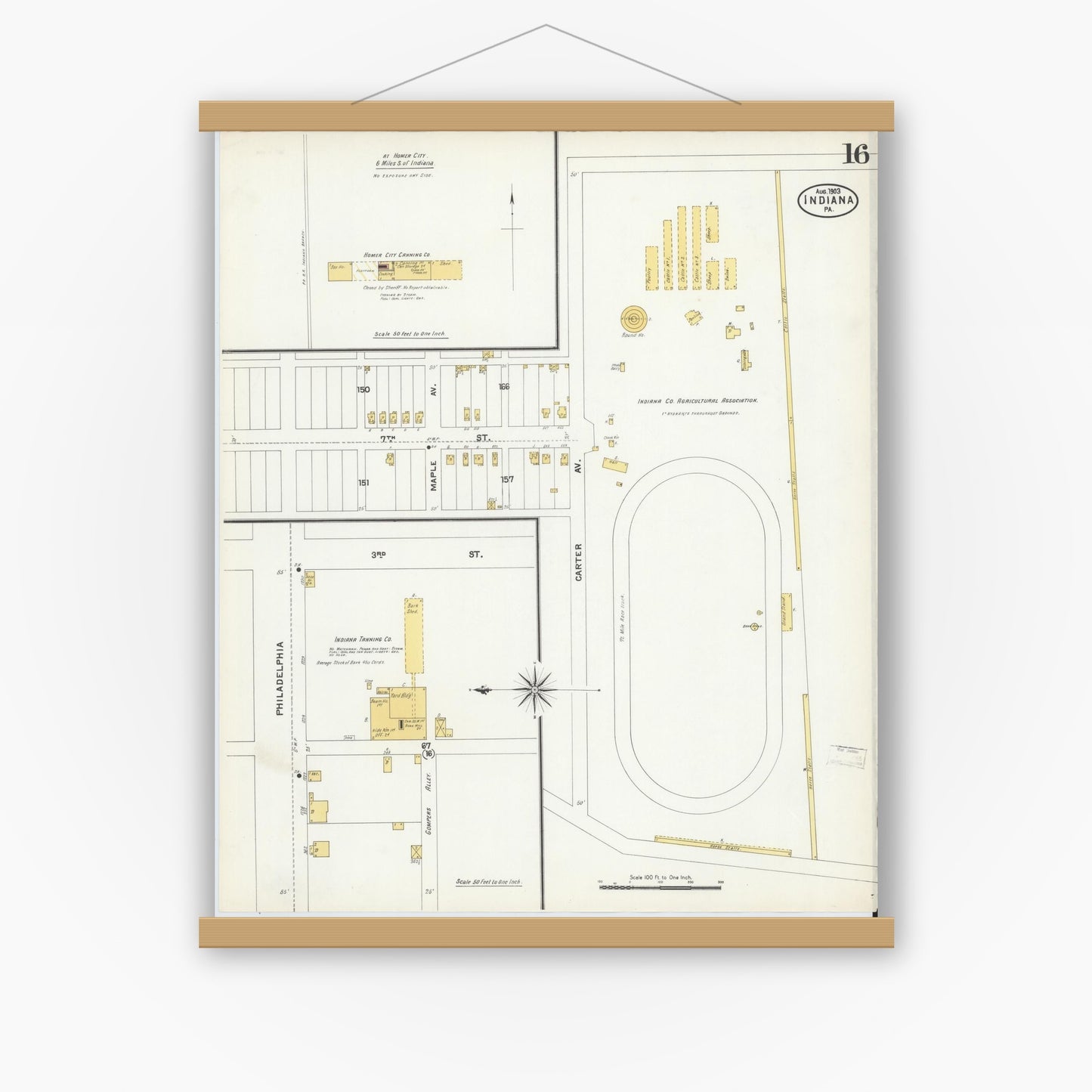 Old map wall art mockup — magnetic wood frame on white wall — Sanborn Fire Insurance Map from Indiana, Indiana County, Pennsylvania (1903), Sheet #0016
