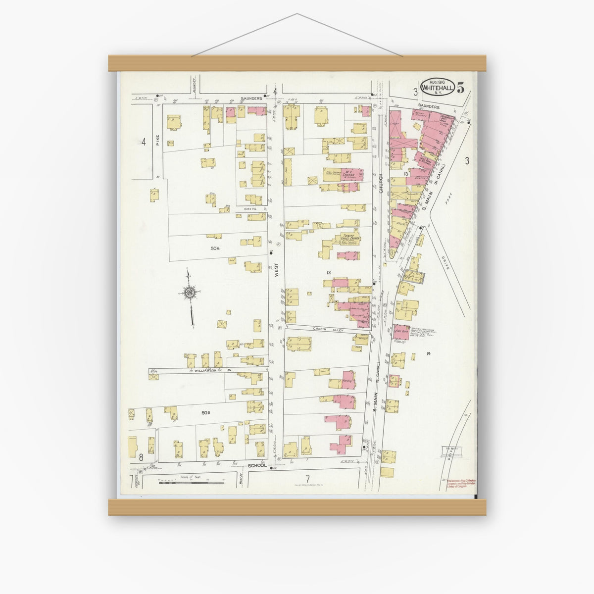 Old map wall art mockup — magnetic wood frame on white wall — Sanborn Fire Insurance Map from Whitehall, Washington County, New York (1916), Sheet #0005