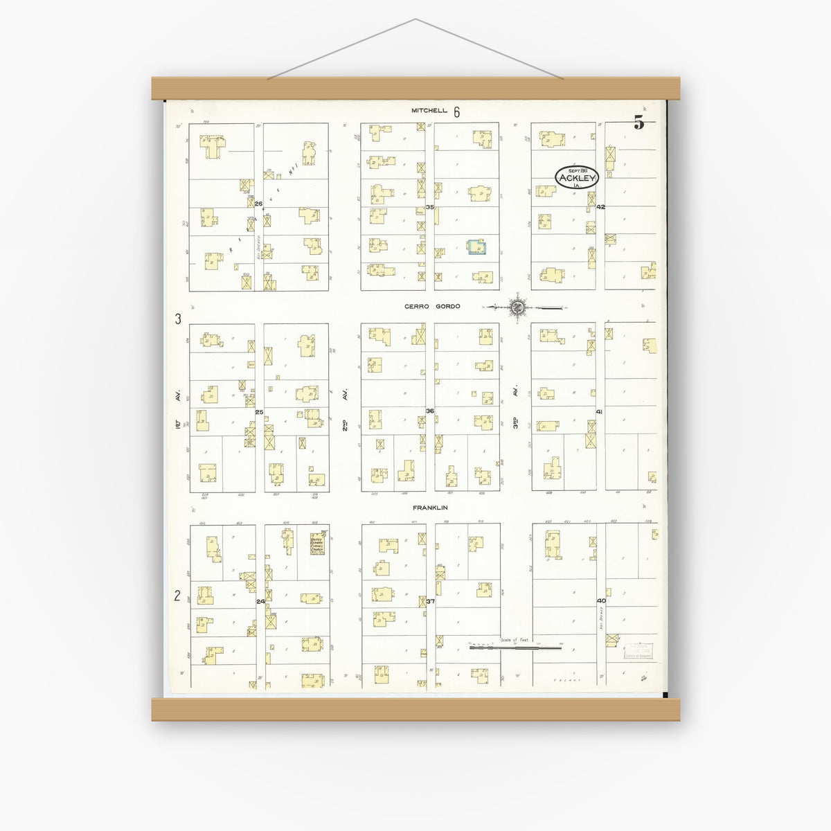 Old map wall art mockup — magnetic wood frame on white wall — Sanborn Fire Insurance Map from Ackley, Hardin and Franklin Counties, Iowa (1911), Sheet #0005
