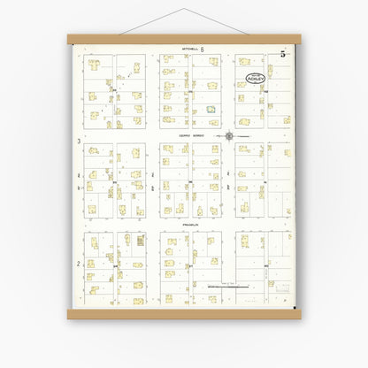 Old map wall art mockup — magnetic wood frame on white wall — Sanborn Fire Insurance Map from Ackley, Hardin and Franklin Counties, Iowa (1911), Sheet #0005
