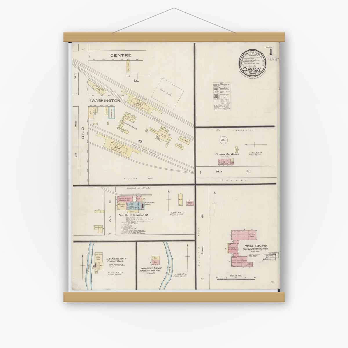 Old map wall art mockup — magnetic wood frame on white wall — Sanborn Fire Insurance Map from Clinton, Henry County, Missouri (1885) - Complete Map Set
