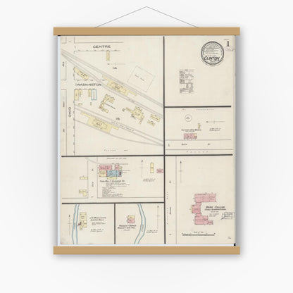 Old map wall art mockup — magnetic wood frame on white wall — Sanborn Fire Insurance Map from Clinton, Henry County, Missouri (1885) - Complete Map Set