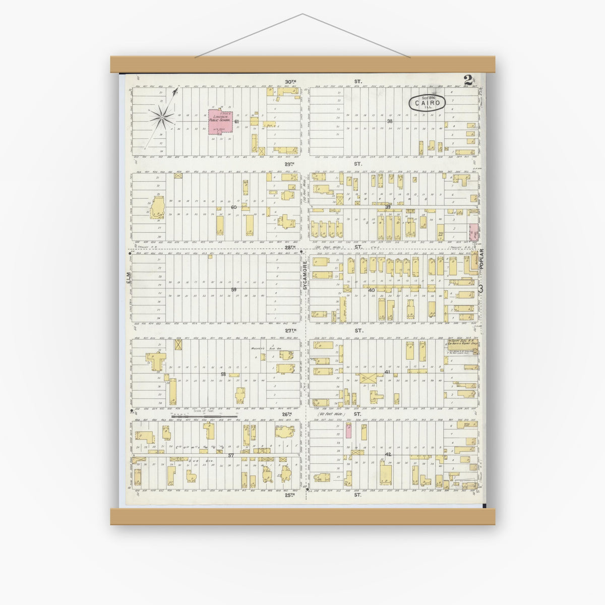 Old map wall art mockup — magnetic wood frame on white wall — Sanborn Fire Insurance Map from Cairo, Alexander County, Illinois (1896), Sheet #0002