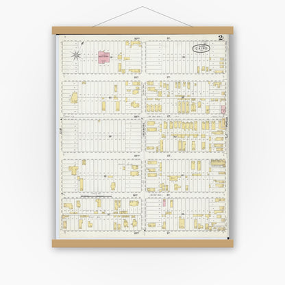 Old map wall art mockup — magnetic wood frame on white wall — Sanborn Fire Insurance Map from Cairo, Alexander County, Illinois (1896), Sheet #0002