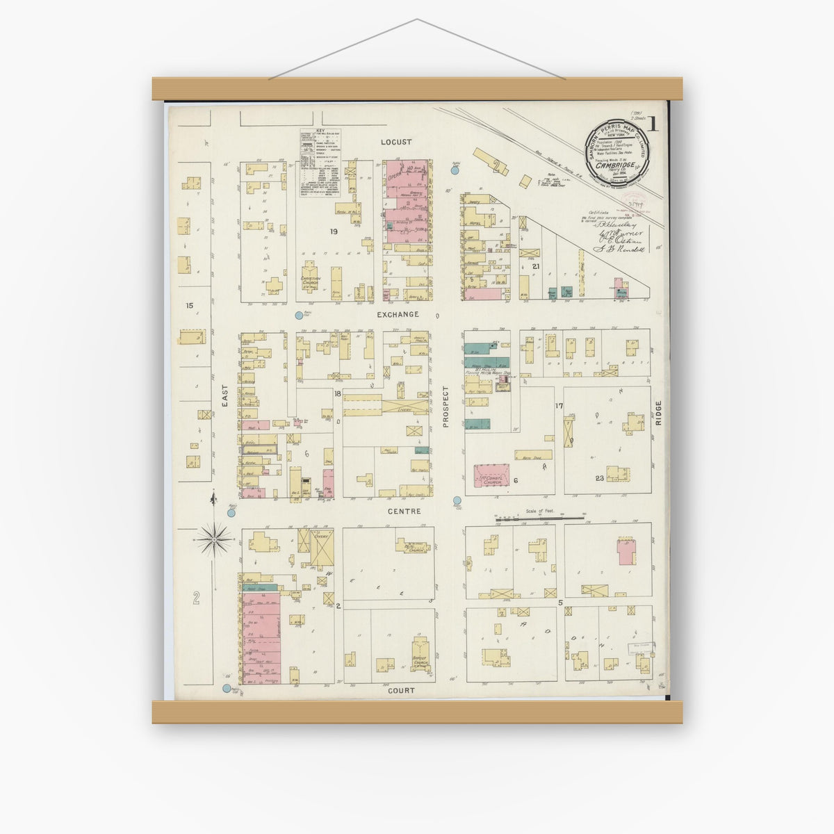 Old map wall art mockup — magnetic wood frame on white wall — Sanborn Fire Insurance Map from Cambridge, Henry County, Illinois (1894) - Complete Map Set