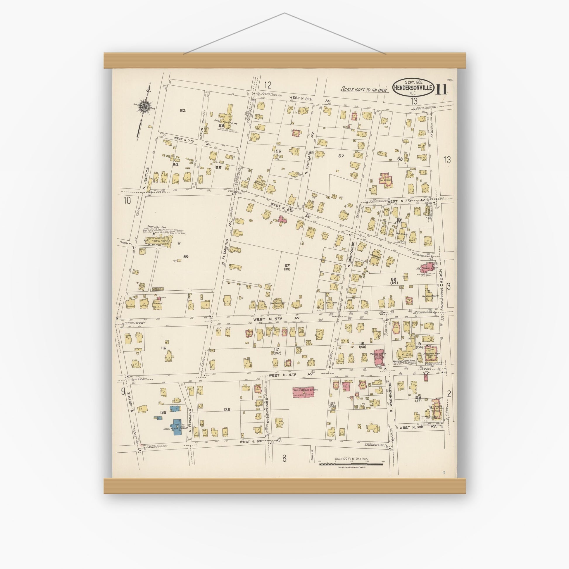 Old map wall art mockup — magnetic wood frame on white wall — Sanborn Fire Insurance Map from Hendersonville, Henderson County, North Carolina (1922), Sheet #0011