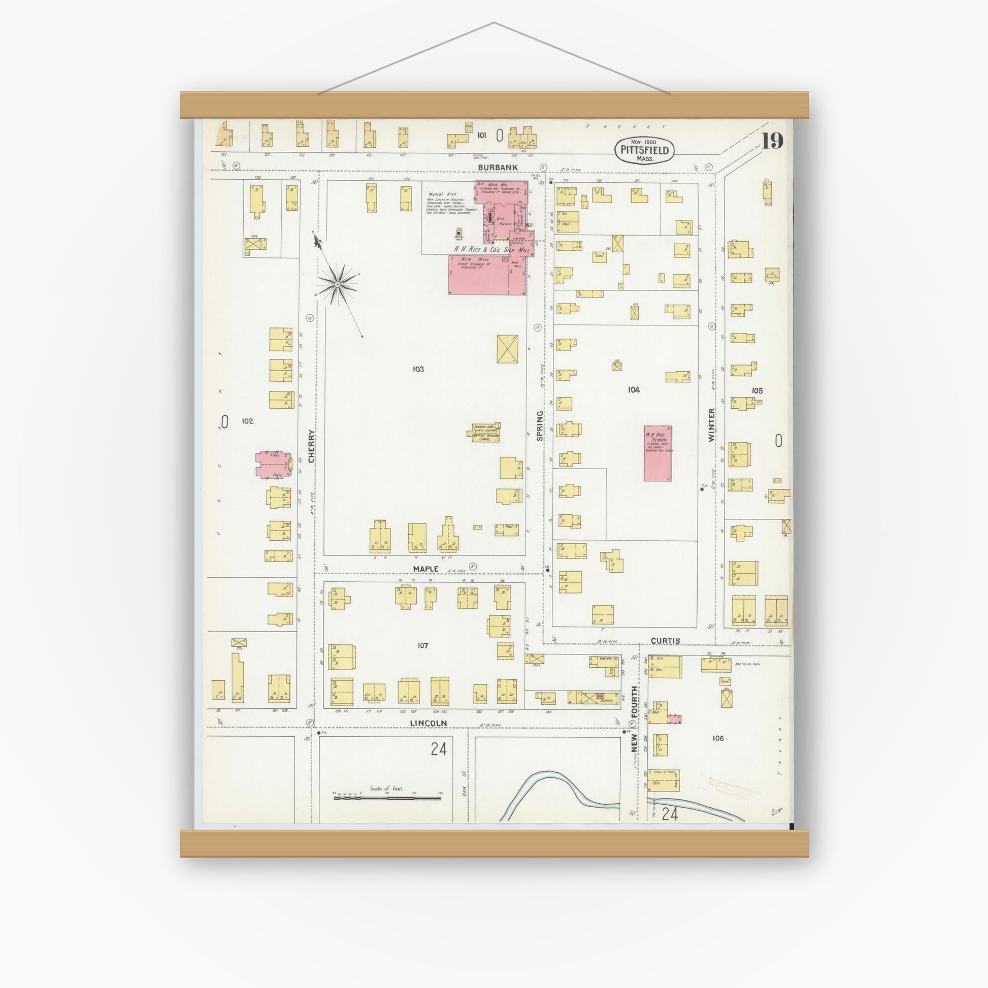 Old map wall art mockup — magnetic wood frame on white wall — Sanborn Fire Insurance Map from Pittsfield, Berkshire County, Massachusetts (1900), Sheet #0019