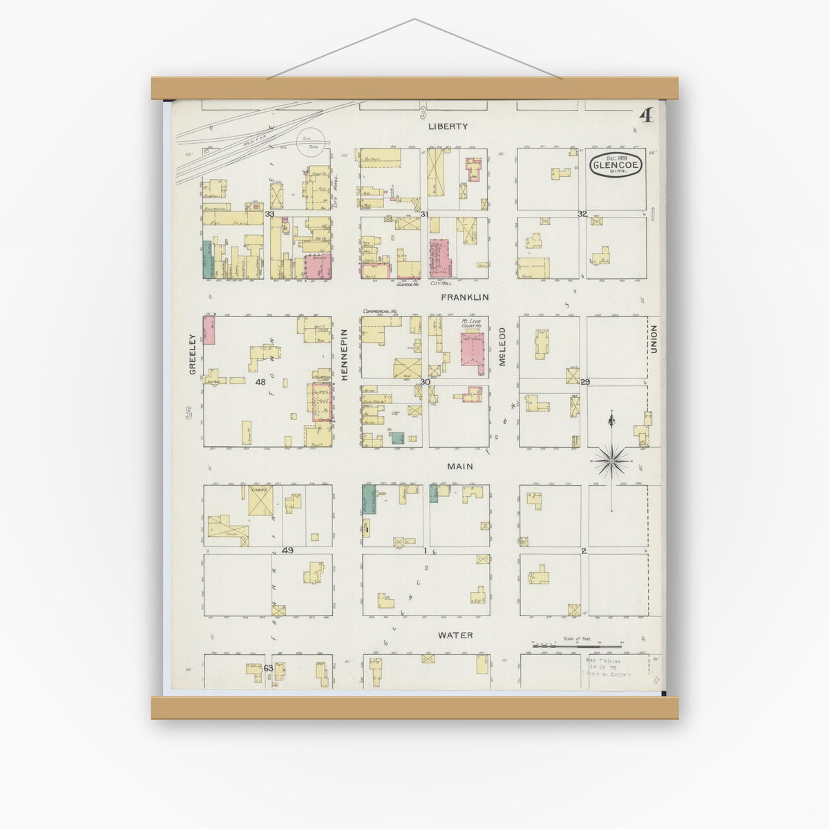Old map wall art mockup — magnetic wood frame on white wall — Sanborn Fire Insurance Map from Glencoe, Mcleod County, Minnesota (1893), Sheet #0004