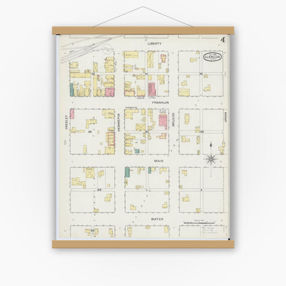 Old map wall art mockup — magnetic wood frame on white wall — Sanborn Fire Insurance Map from Glencoe, Mcleod County, Minnesota (1893), Sheet #0004