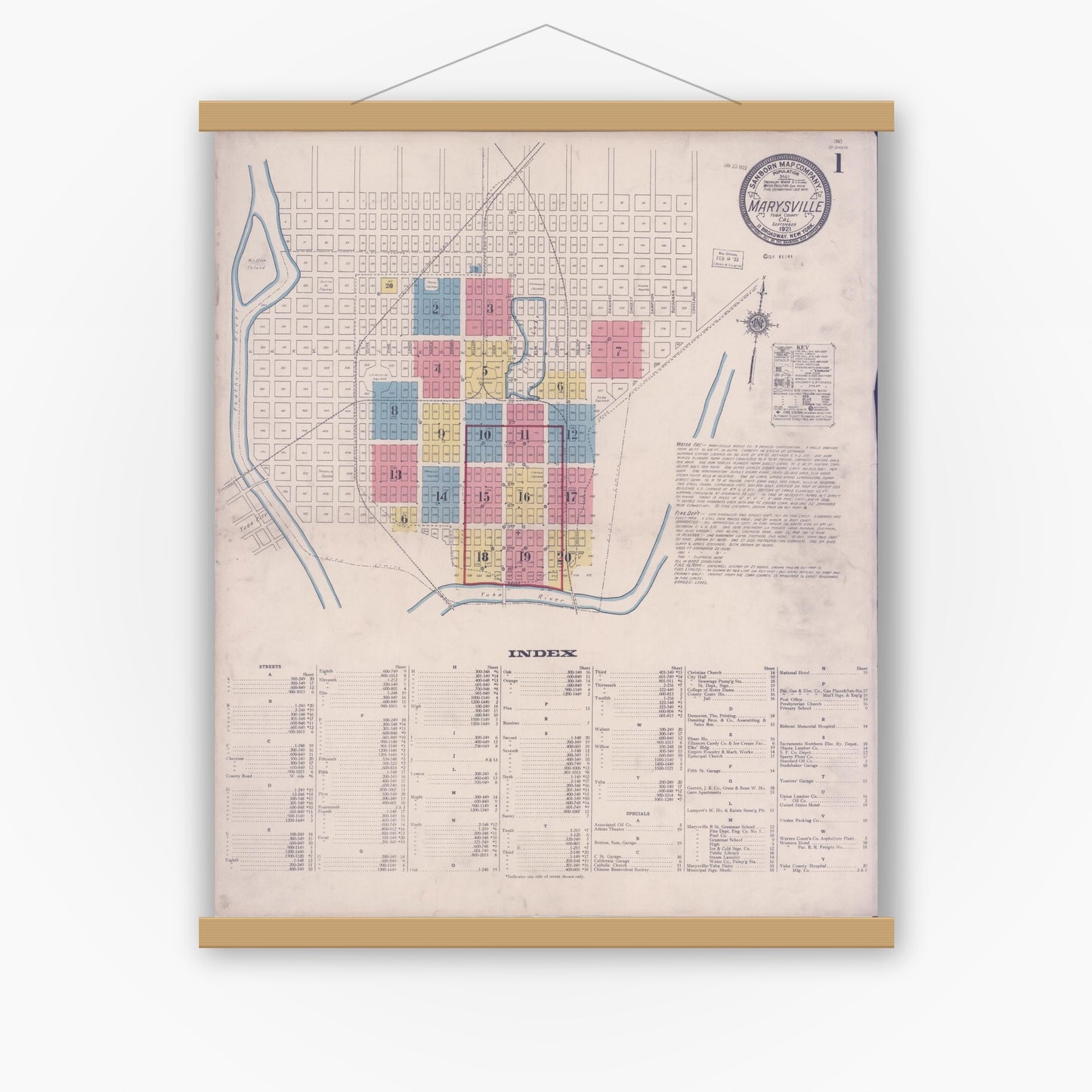 Old map wall art mockup — magnetic wood frame on white wall — Sanborn Fire Insurance Map from Marysville, Yuba County, California (1921), Sheet #0001