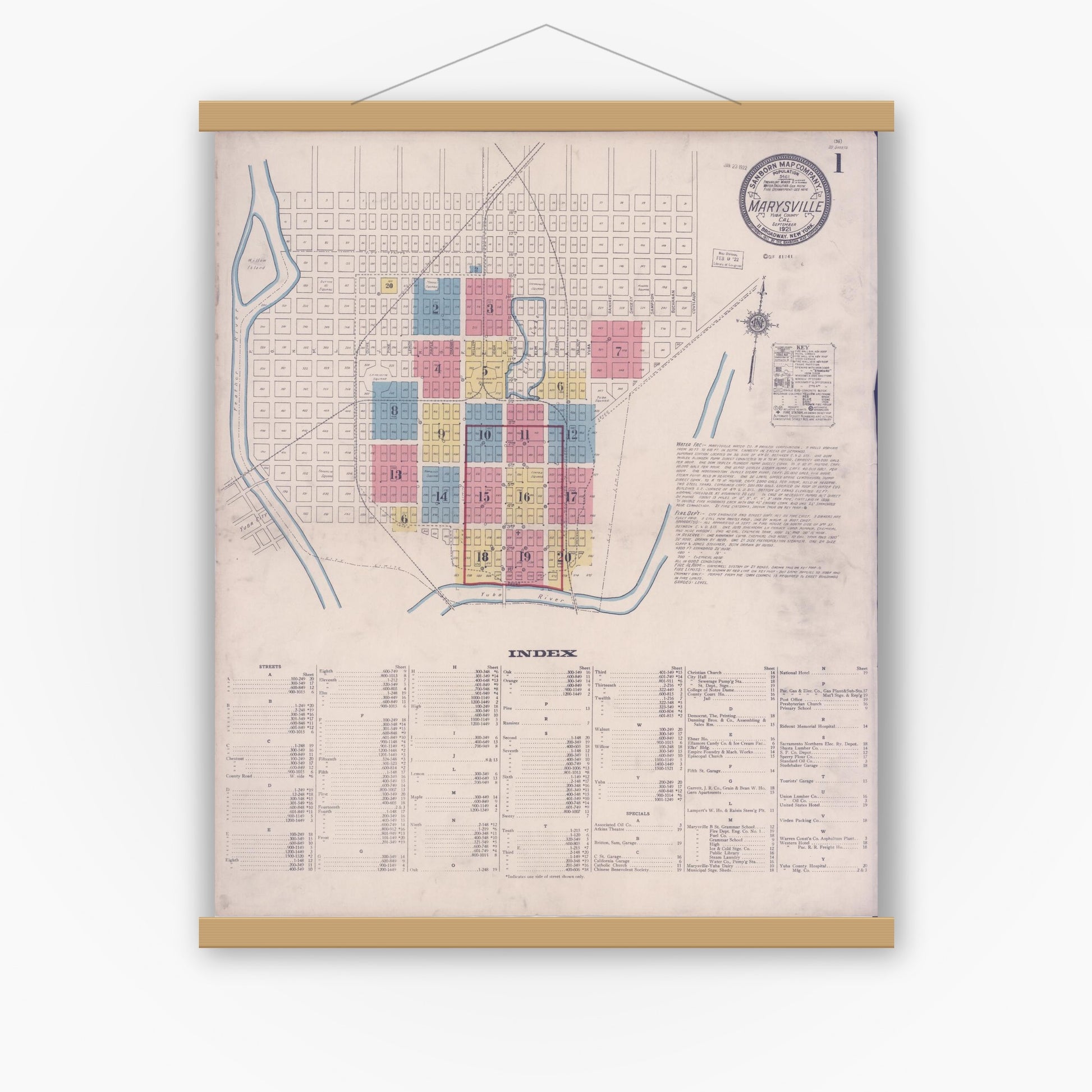 Old map wall art mockup — magnetic wood frame on white wall — Sanborn Fire Insurance Map from Marysville, Yuba County, California (1921), Sheet #0001