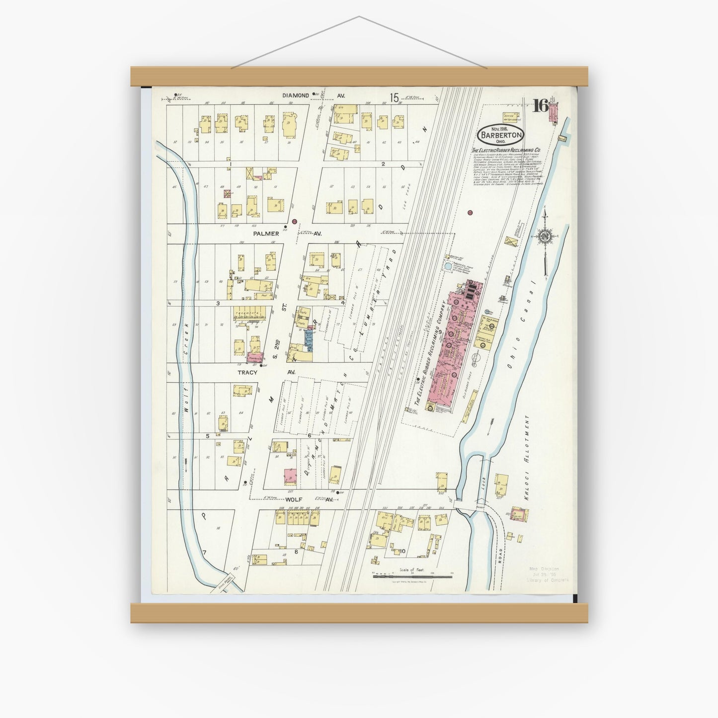 Old map wall art mockup — magnetic wood frame on white wall — Sanborn Fire Insurance Map from Barberton, Summit County, Ohio (1916), Sheet #0016