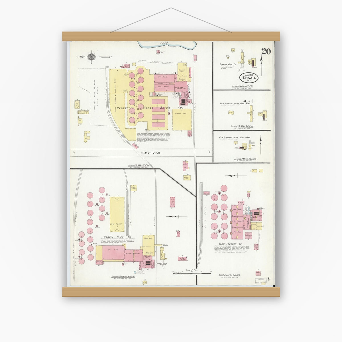 Old map wall art mockup — magnetic wood frame on white wall — Sanborn Fire Insurance Map from Brazil, Clay County, Indiana (1910), Sheet #0020