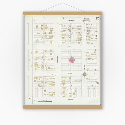 Old map wall art mockup — magnetic wood frame on white wall — Sanborn Fire Insurance Map from Brainerd, Crow Wing County, Minnesota (1898), Sheet #0012