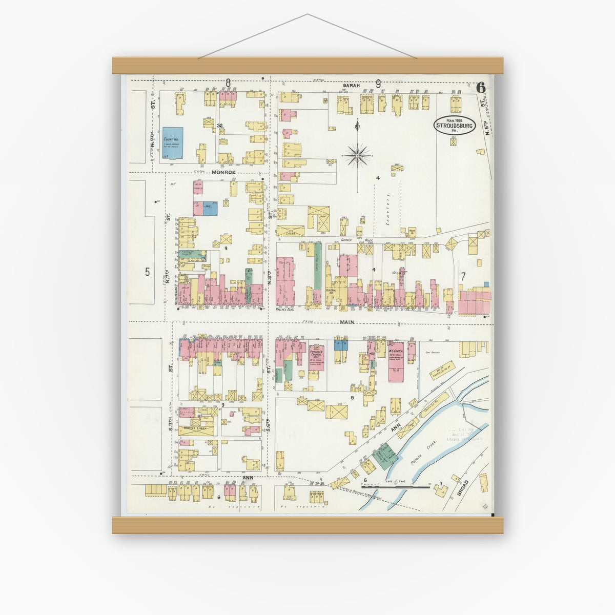 Old map wall art mockup — magnetic wood frame on white wall — Sanborn Fire Insurance Map from Stroudsburg, Monroe County, Pennsylvania (1905), Sheet #0006