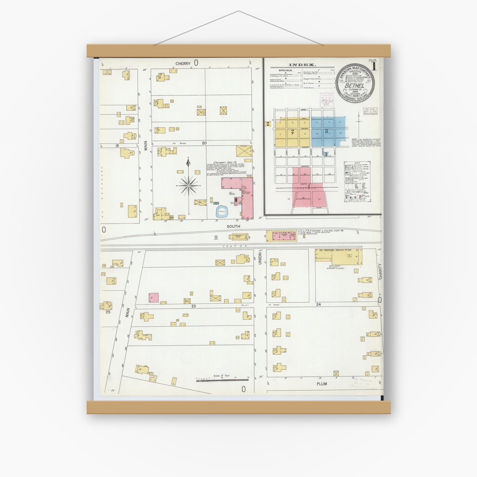 Old map wall art mockup — magnetic wood frame on white wall — Sanborn Fire Insurance Map from Bethel, Clermont County, Ohio (1904) - Complete Map Set