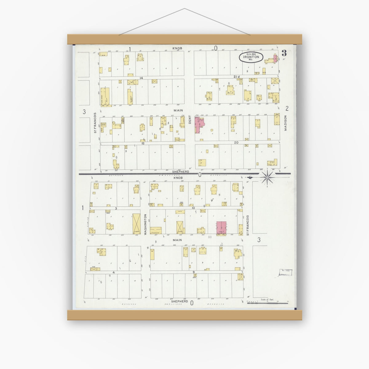 Old map wall art mockup — magnetic wood frame on white wall — Sanborn Fire Insurance Map from Ironton, Iron County, Missouri (1900), Sheet #0003