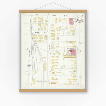 Old map wall art mockup — magnetic wood frame on white wall — Sanborn Fire Insurance Map from Menominee, Menominee County, Michigan (1907), Sheet #0003