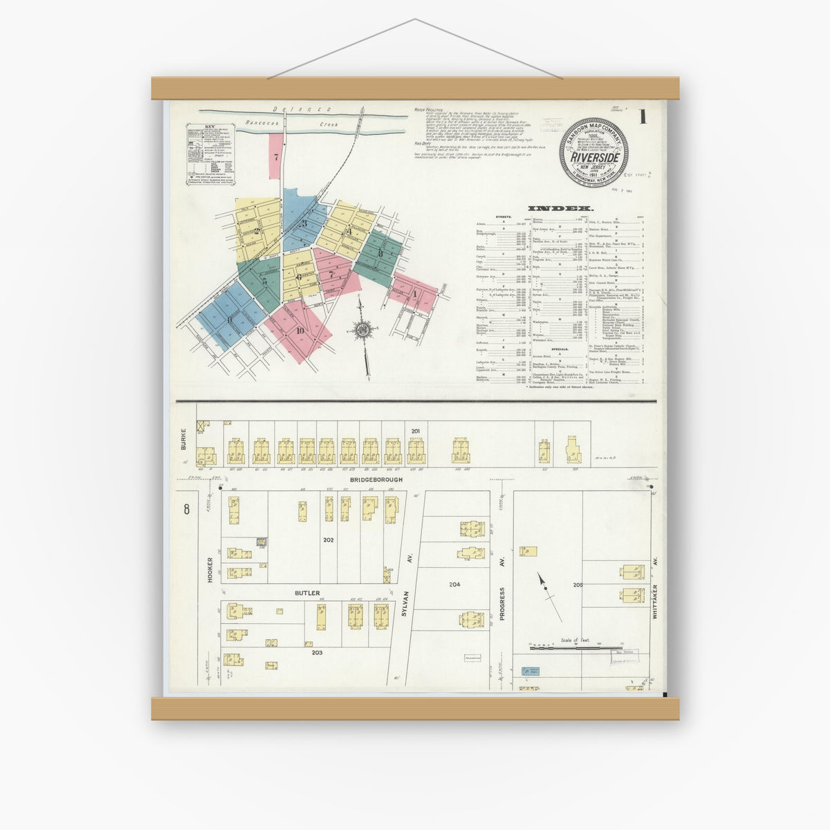 Old map wall art mockup — magnetic wood frame on white wall — Sanborn Fire Insurance Map from Riverside, Burlington County, New Jersey (1911), Sheet #0001